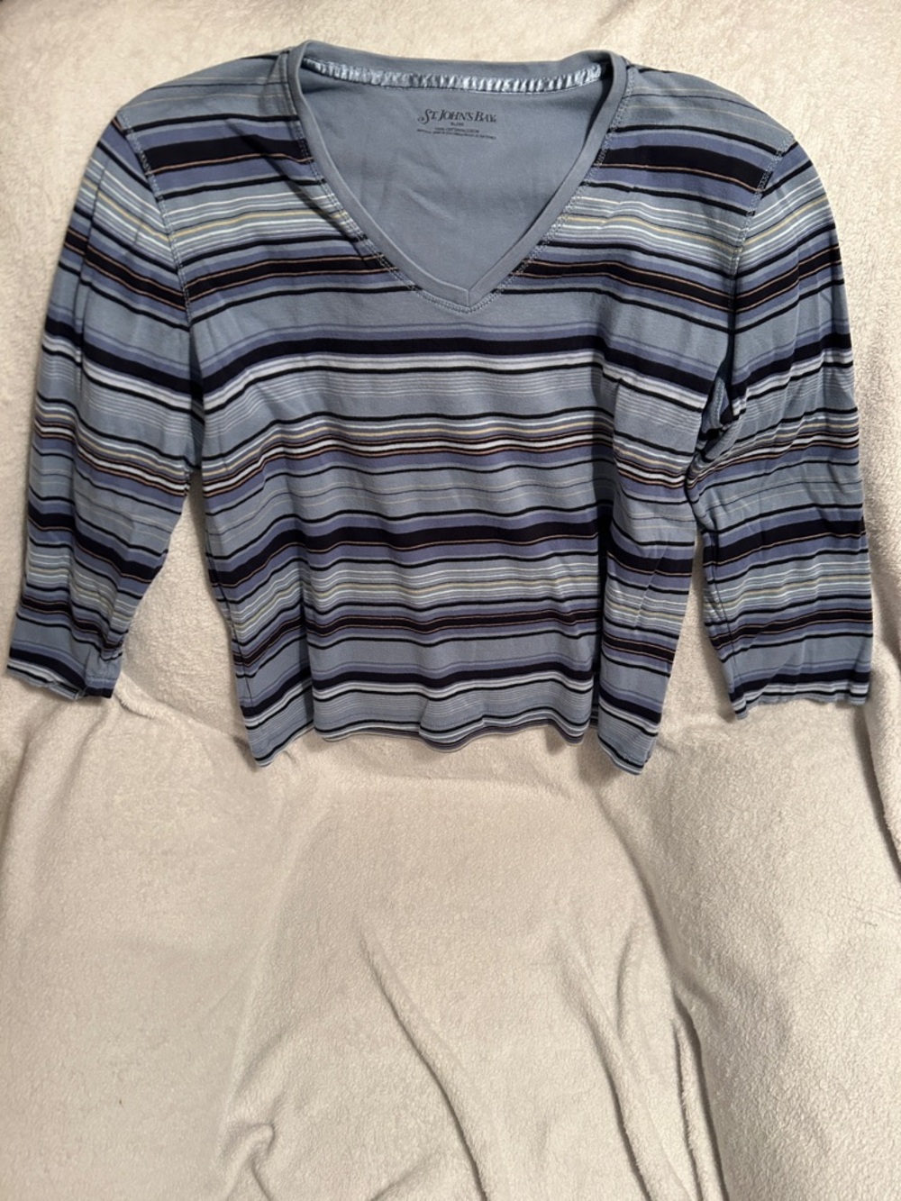 St. John's Bay Light Blue Multi-Striped V-Neck Long Sleeve Top
